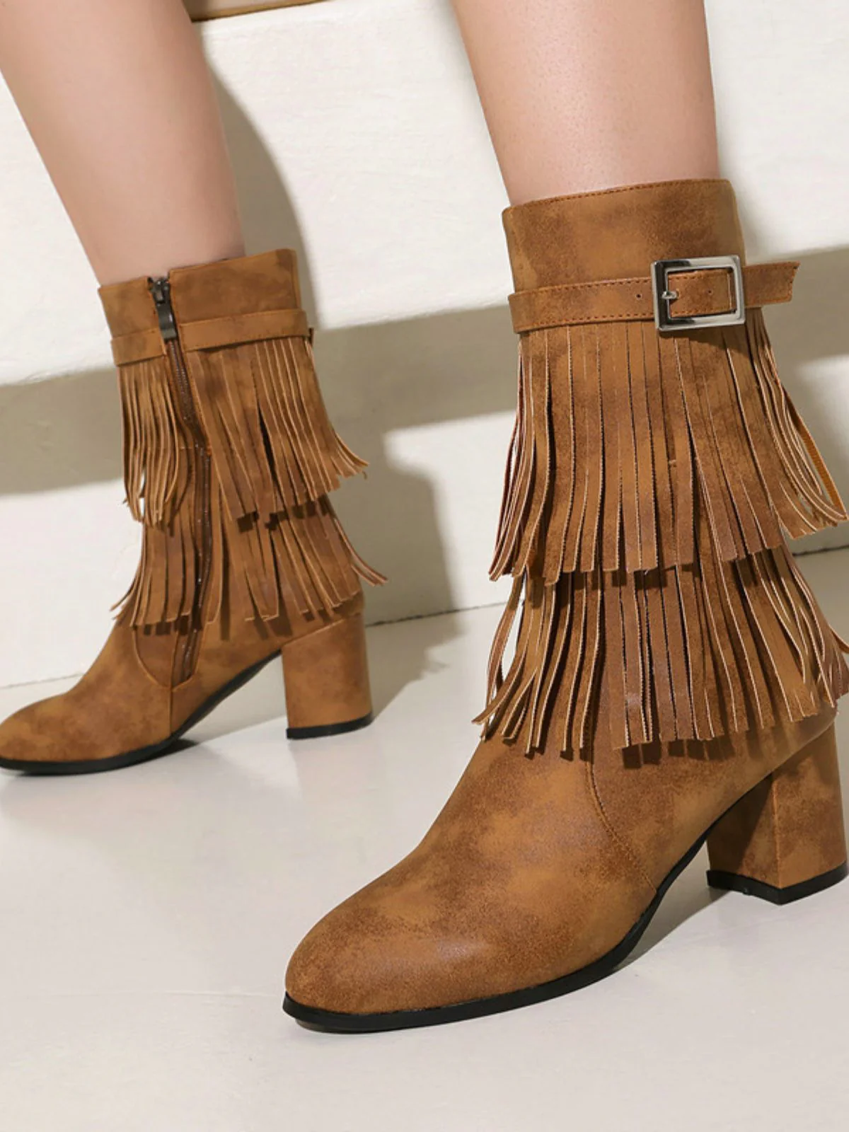 Vintage Solid Fringe Suede Chunky High Heel Boots - Image 16