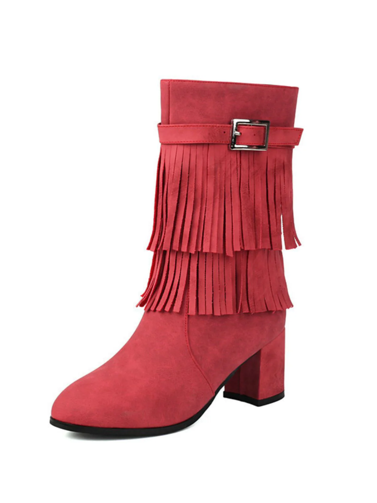 Vintage Solid Fringe Suede Chunky High Heel Boots - Image 2