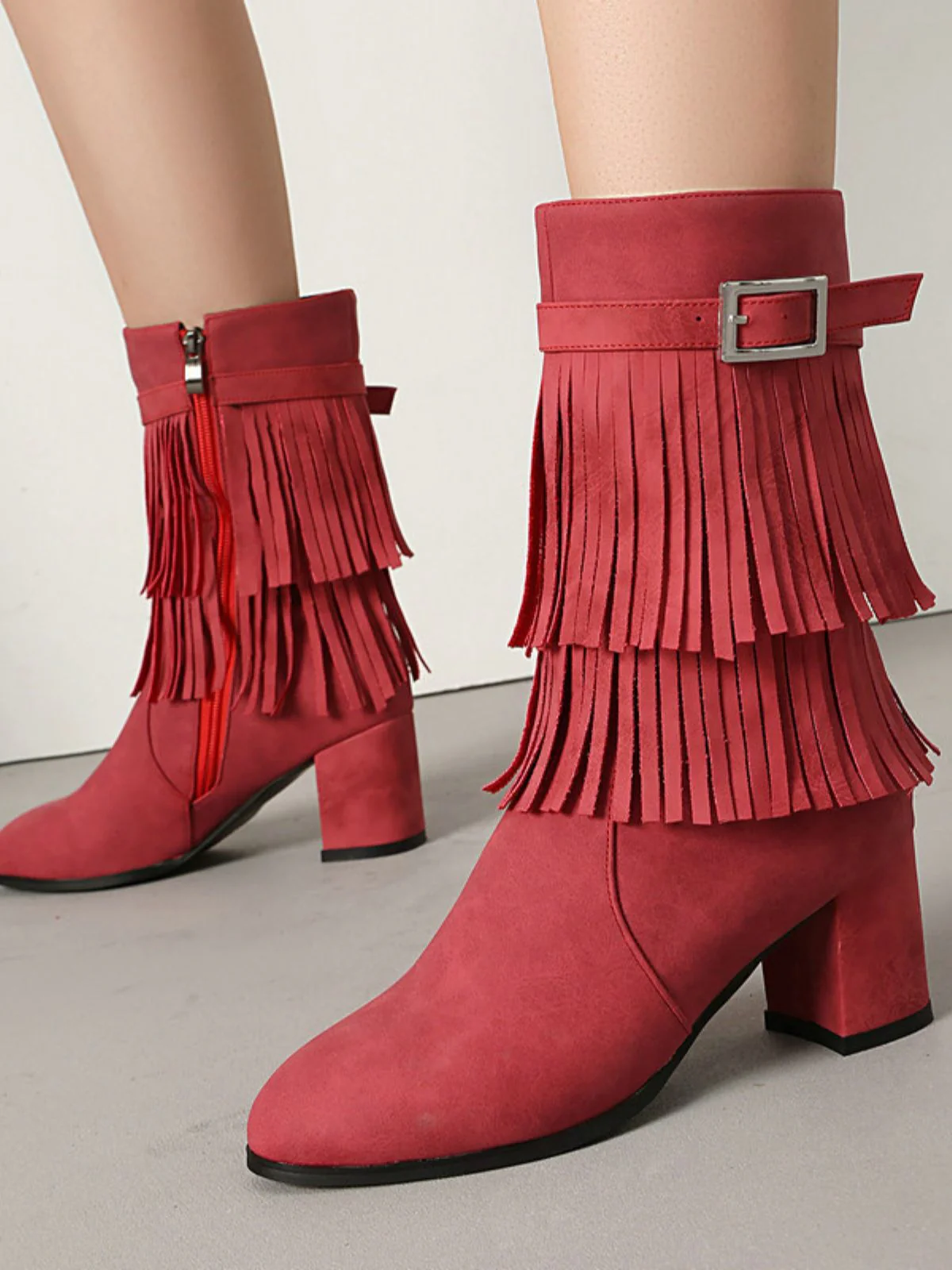 Vintage Solid Fringe Suede Chunky High Heel Boots - Image 3