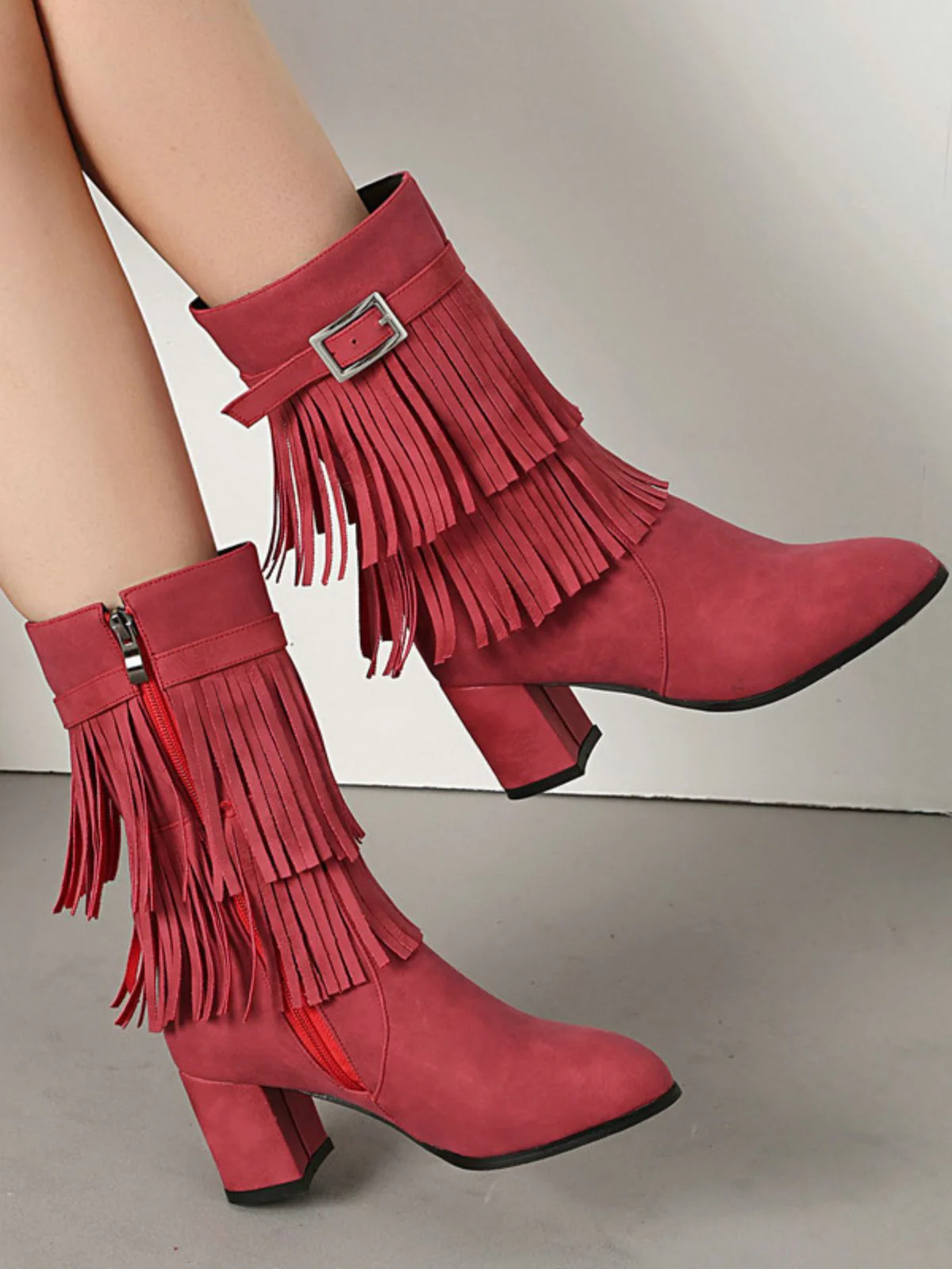 Vintage Solid Fringe Suede Chunky High Heel Boots - Image 4