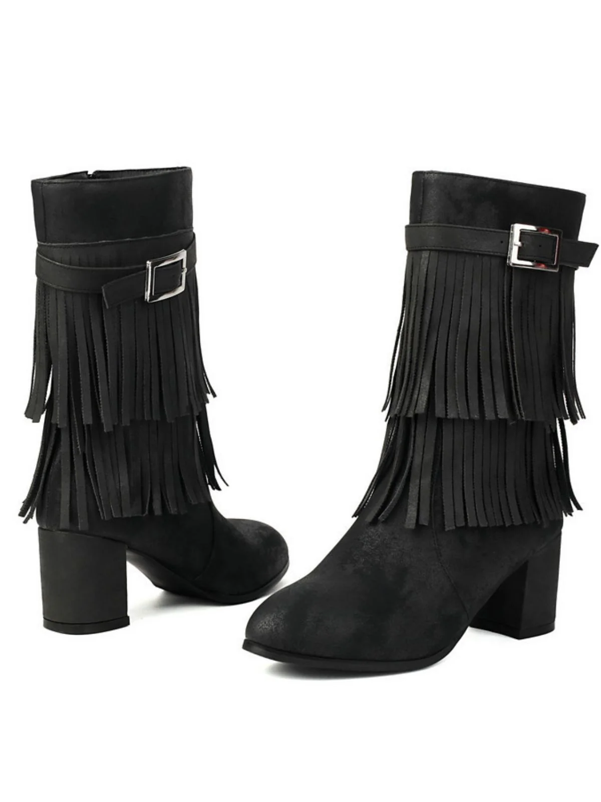 Vintage Solid Fringe Suede Chunky High Heel Boots - Image 5