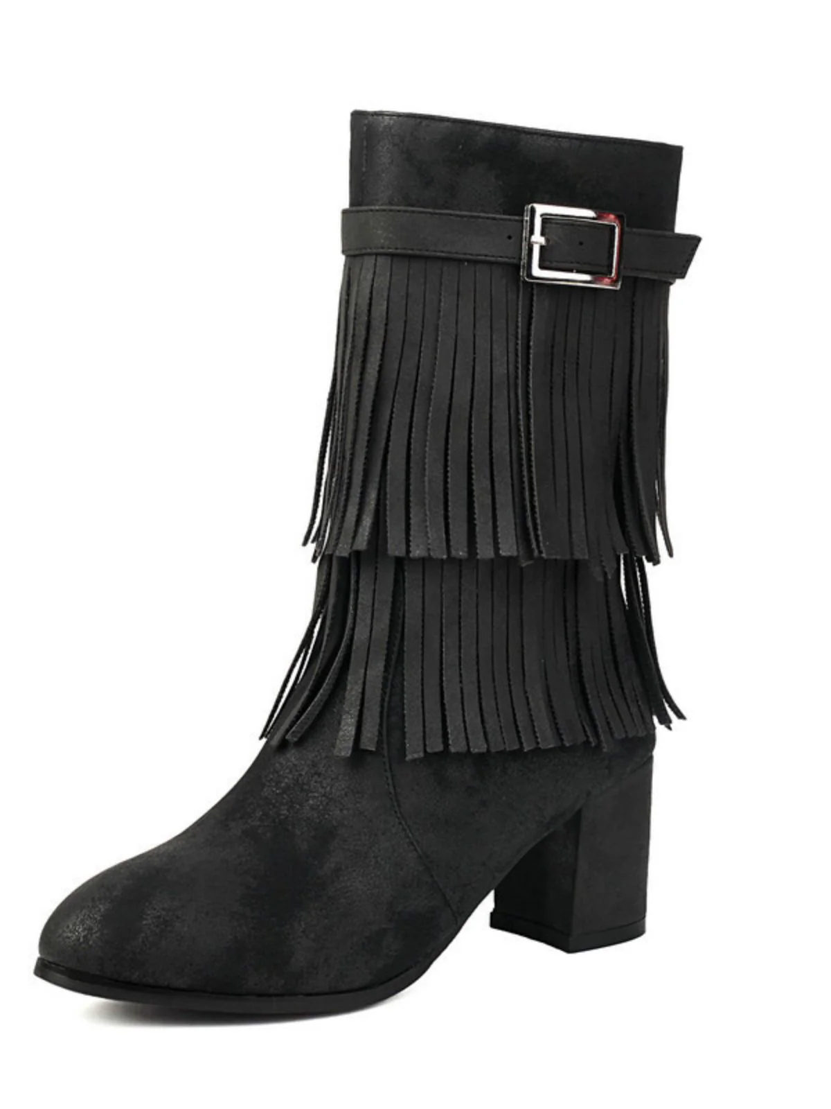 Vintage Solid Fringe Suede Chunky High Heel Boots - Image 6