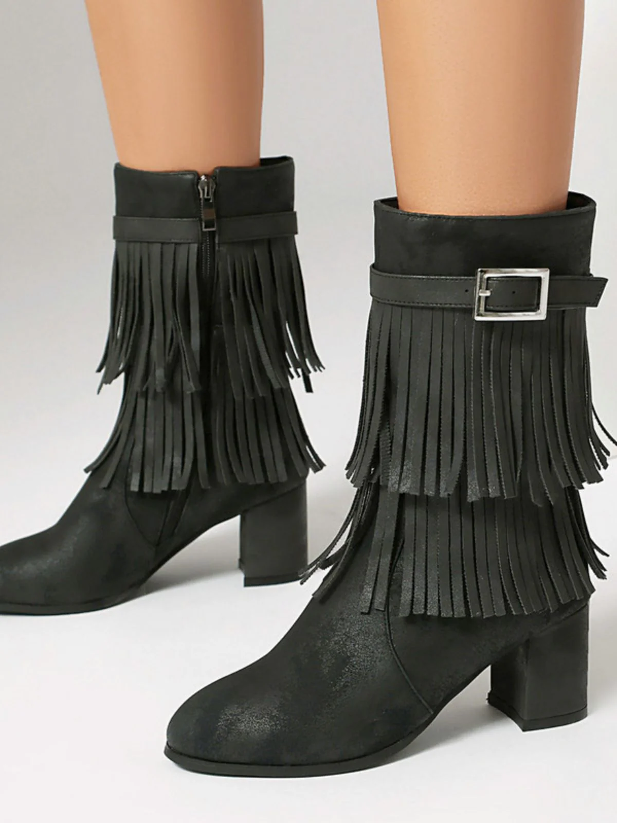 Vintage Solid Fringe Suede Chunky High Heel Boots - Image 8