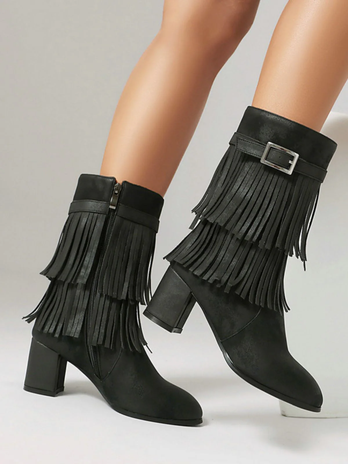 Vintage Solid Fringe Suede Chunky High Heel Boots - Image 9