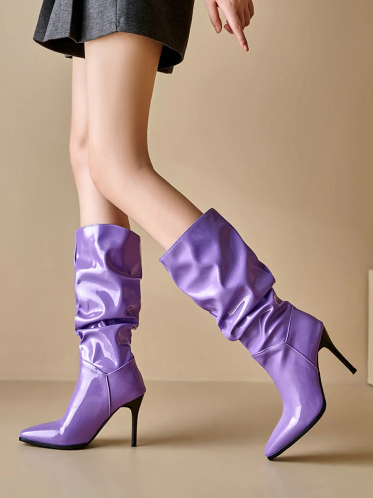 Vintage Solid Patent Leather Mid-Calf High Boots - Image 5