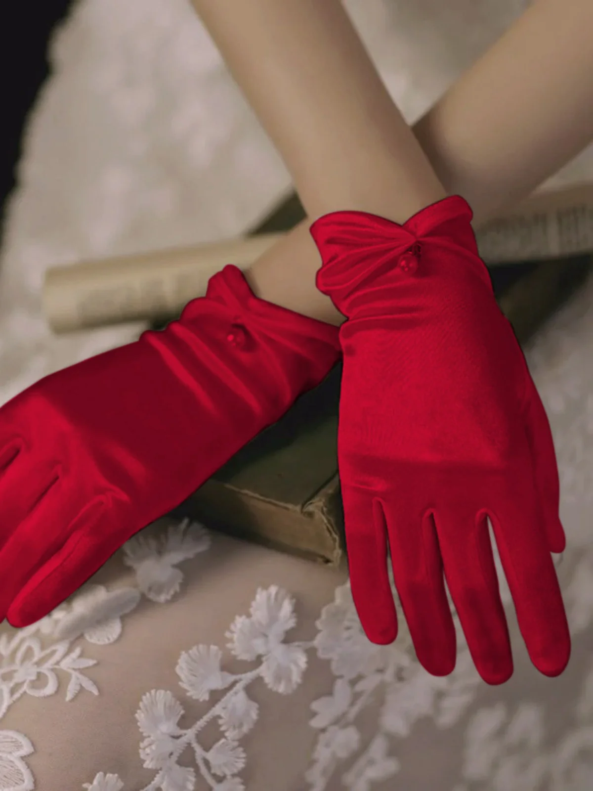 Vintage Solid Pearl Stretch Satin Short Gloves - Image 7