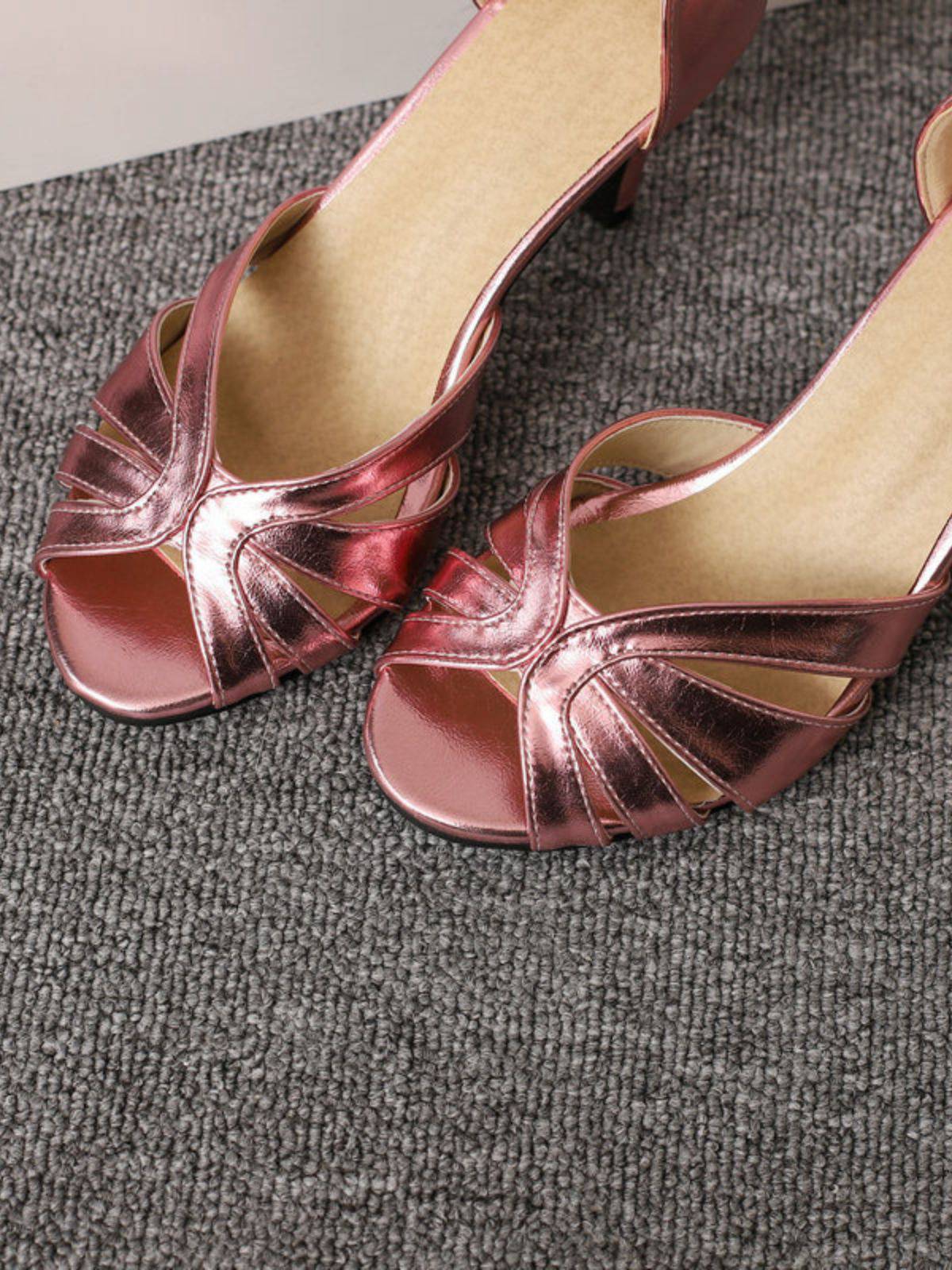 Vintage Solid Peep Toe Hollow Slip-On High Heels - Image 17