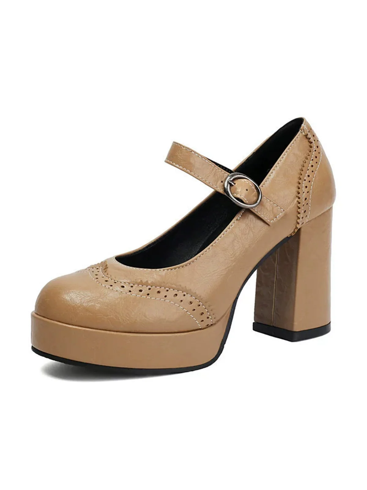 Vintage Solid Round Toe Buckle Chunky Heels - Image 10
