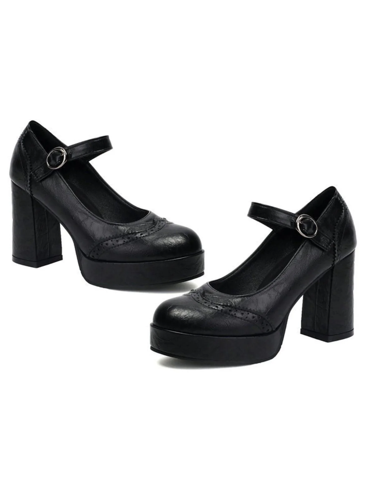 Vintage Solid Round Toe Buckle Chunky Heels - Image 13