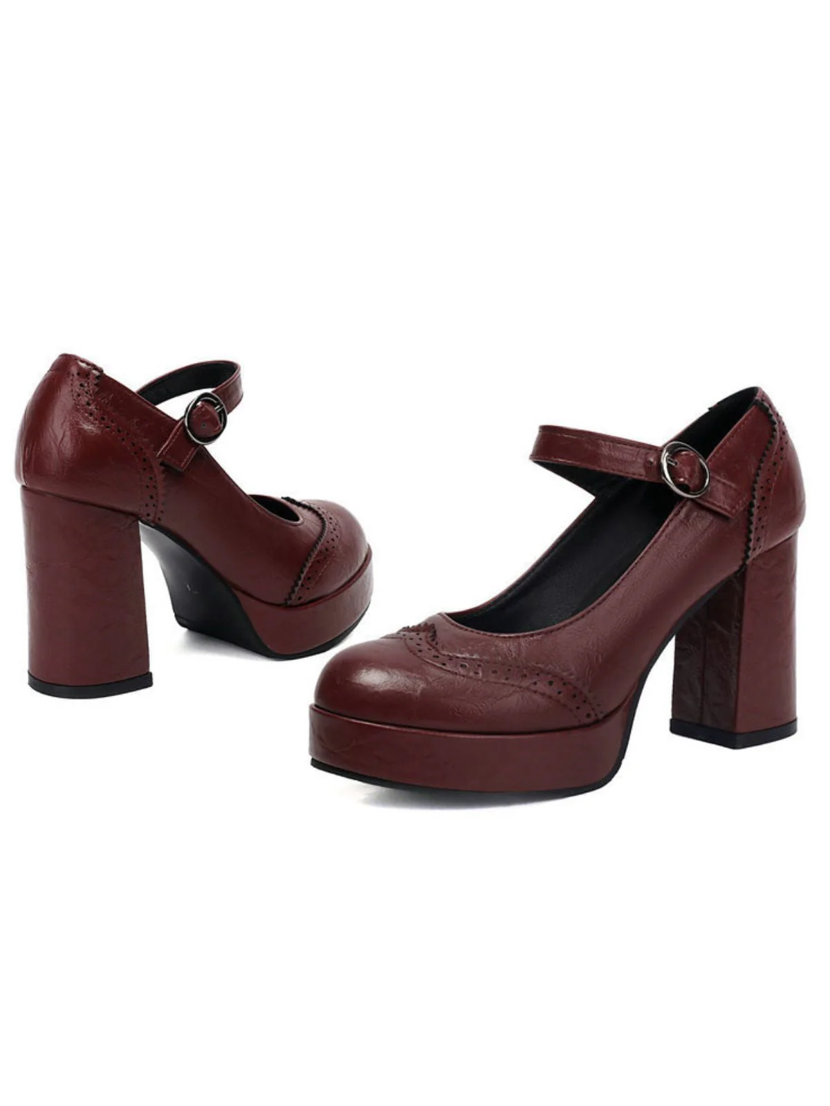 Vintage Solid Round Toe Buckle Chunky Heels - Image 16