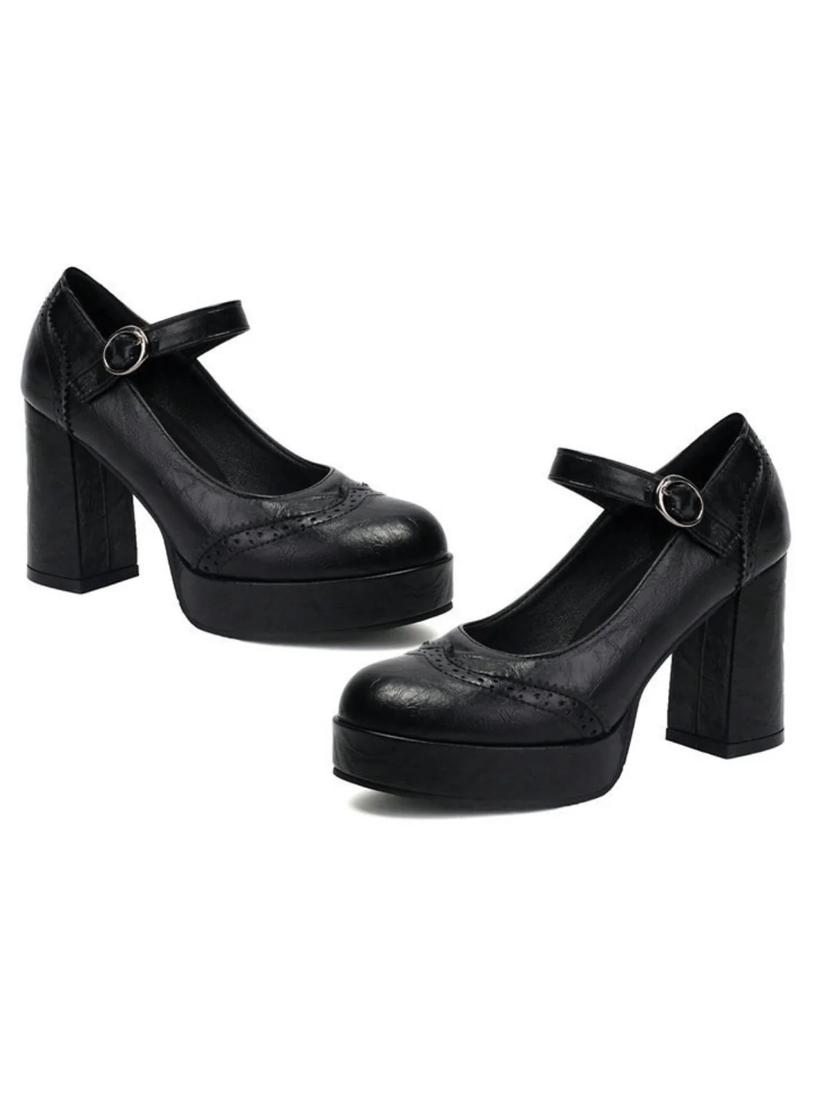 Vintage Solid Round Toe Buckle Chunky Heels - Image 2
