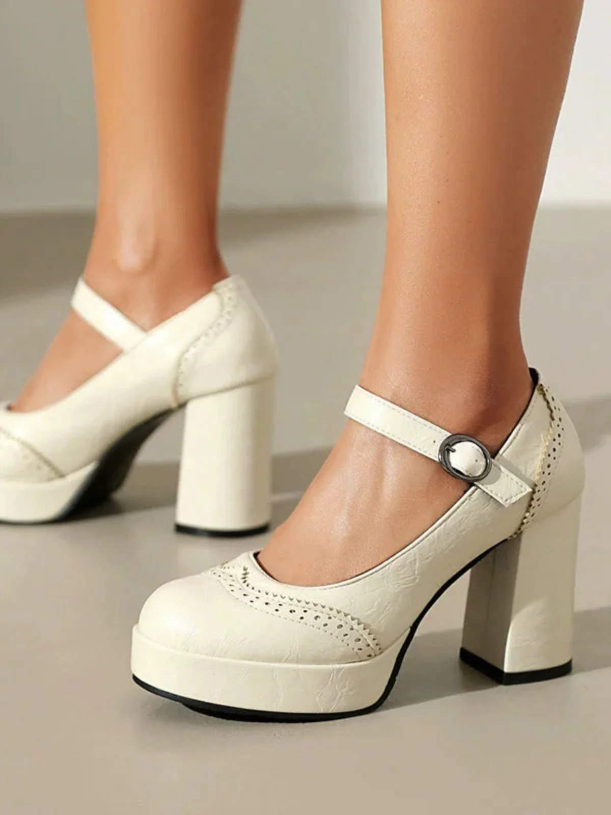 Vintage Solid Round Toe Buckle Chunky Heels - Image 20