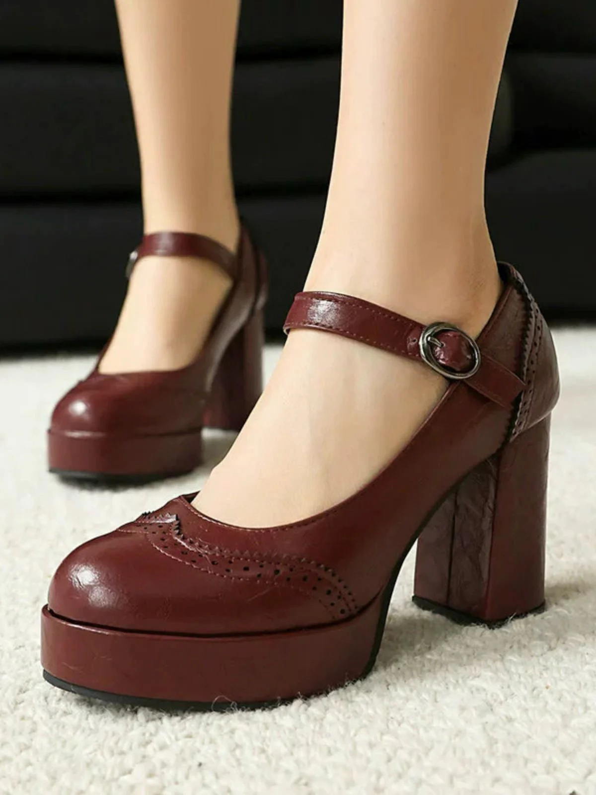 Vintage Solid Round Toe Buckle Chunky Heels - Image 28