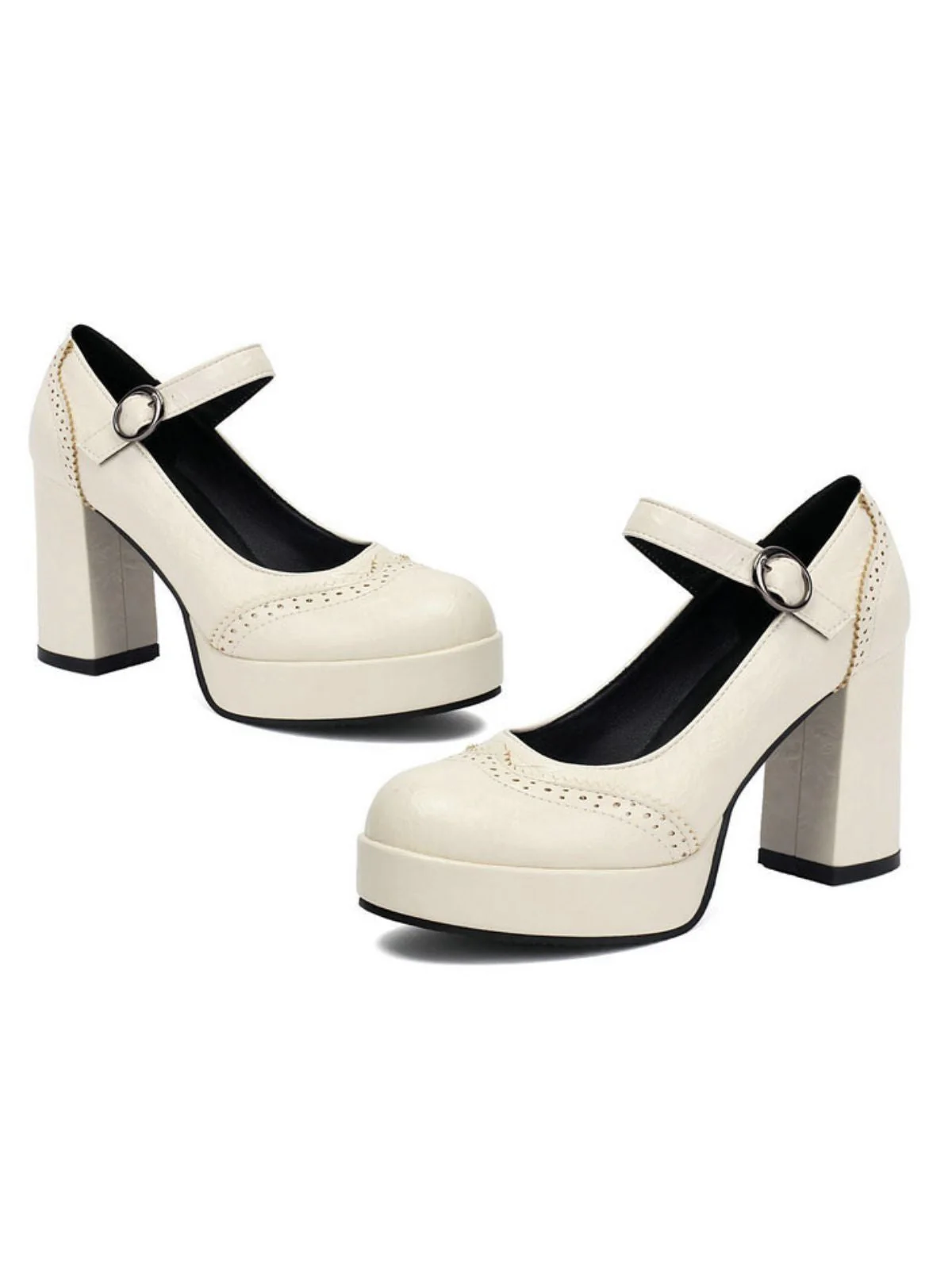 Vintage Solid Round Toe Buckle Chunky Heels - Image 30