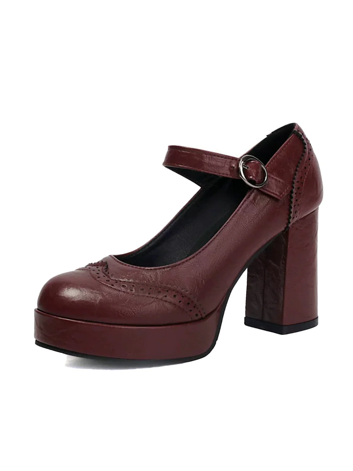 Vintage Solid Round Toe Buckle Chunky Heels - Image 4