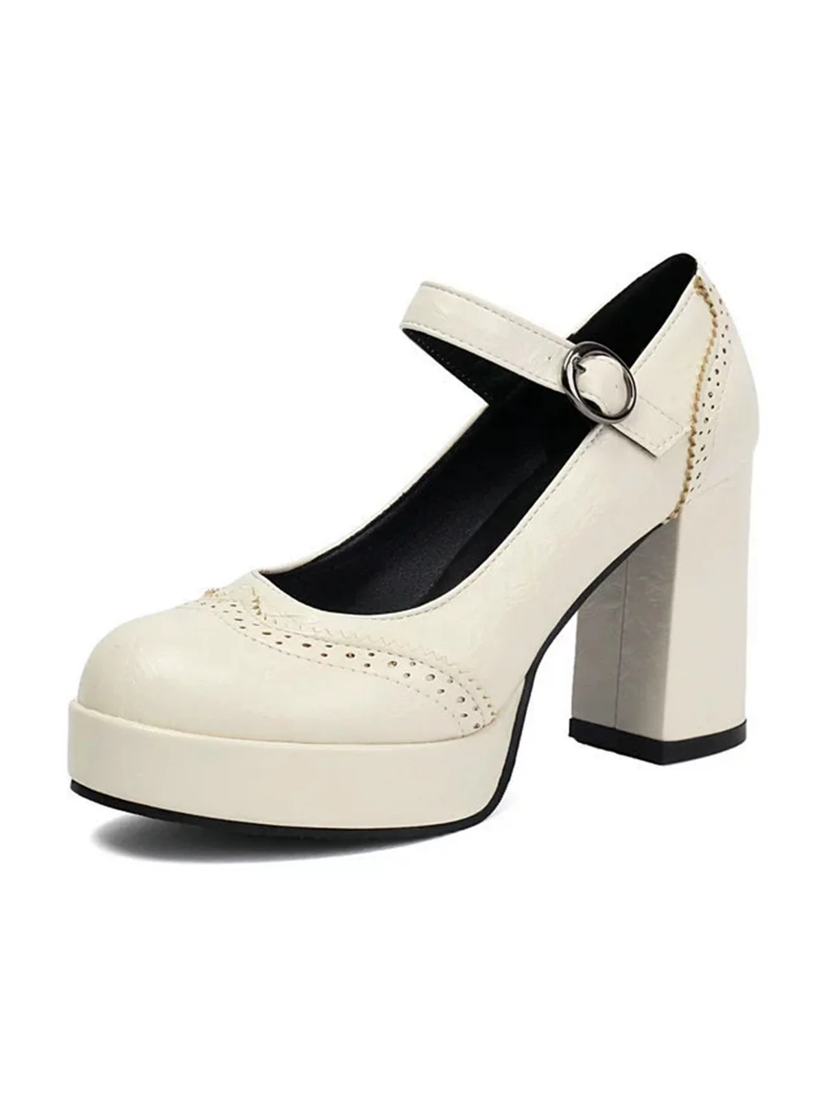 Vintage Solid Round Toe Buckle Chunky Heels - Image 7