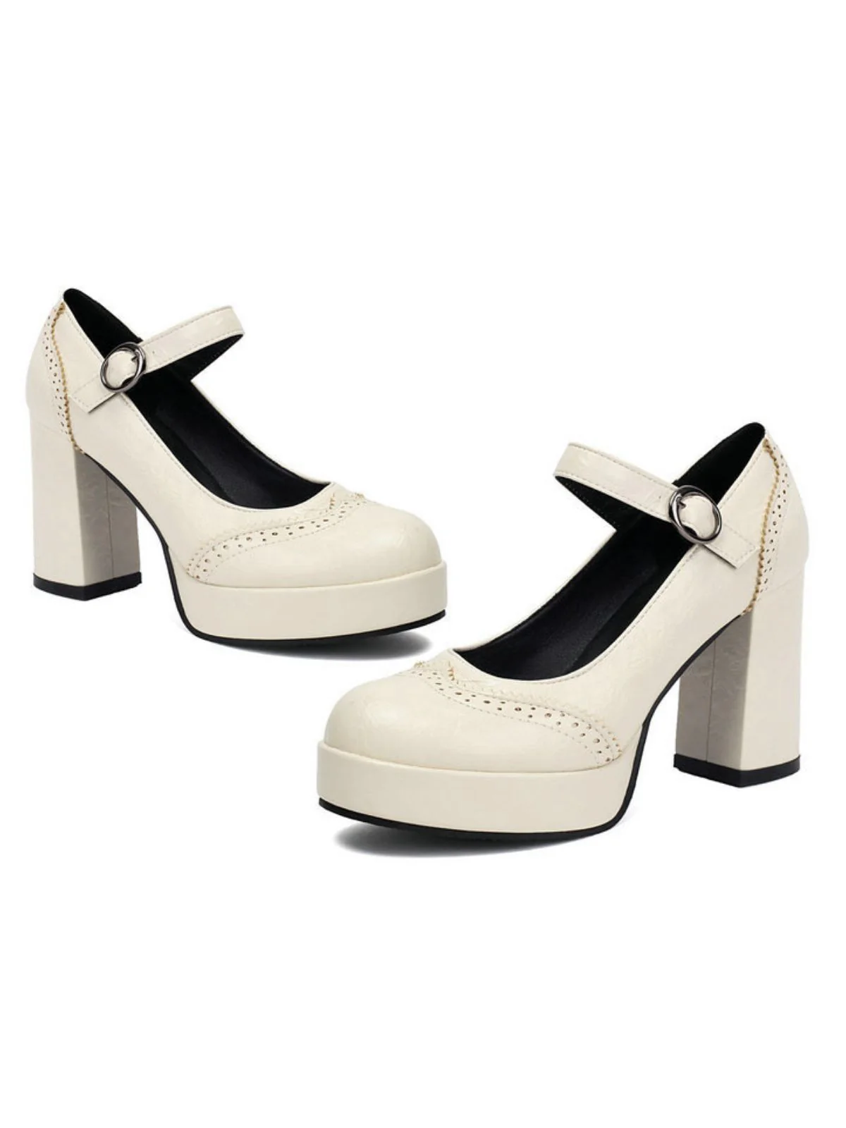 Vintage Solid Round Toe Buckle Chunky Heels - Image 8