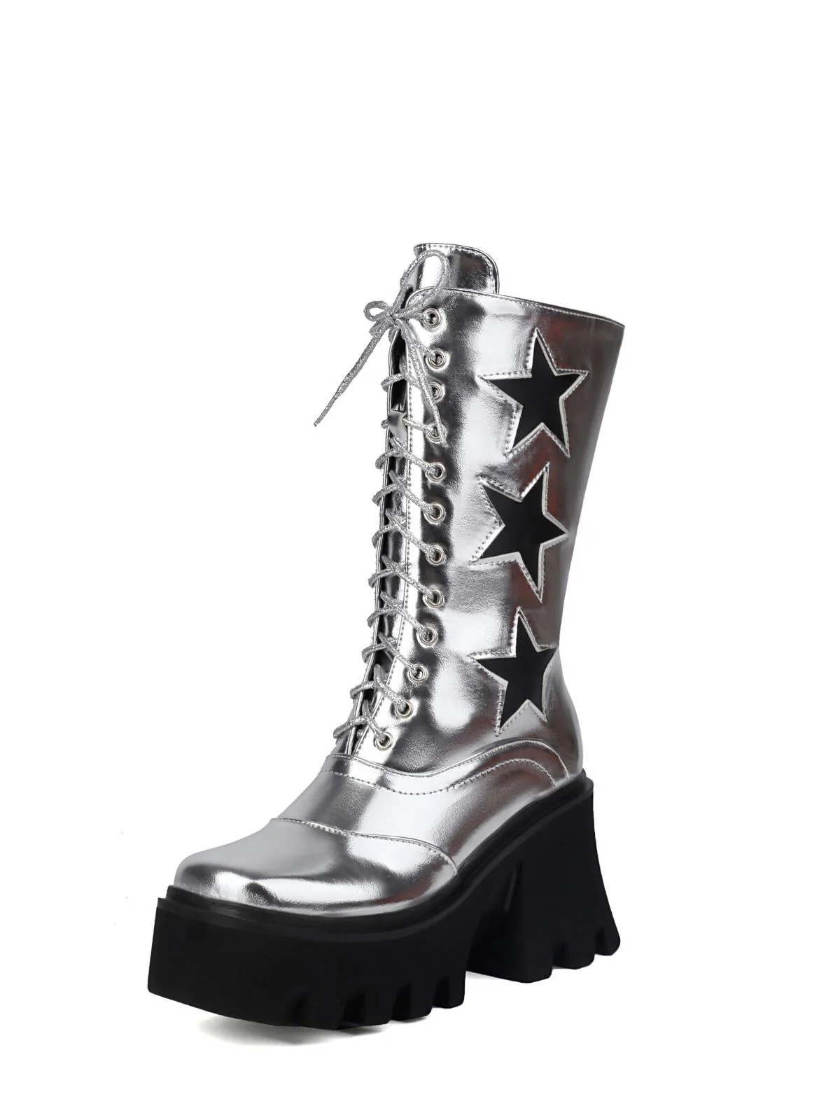 Vintage Steampunk Star Print Platform Mid-Calf Boots - Image 2