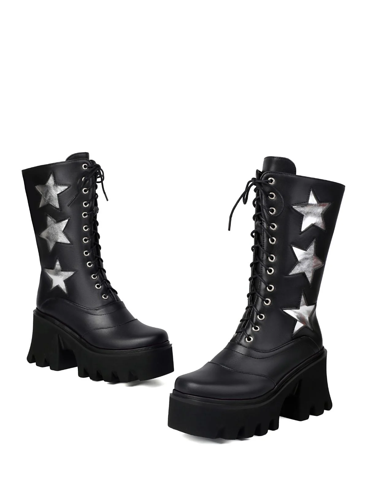 Vintage Steampunk Star Print Platform Mid-Calf Boots - Image 3