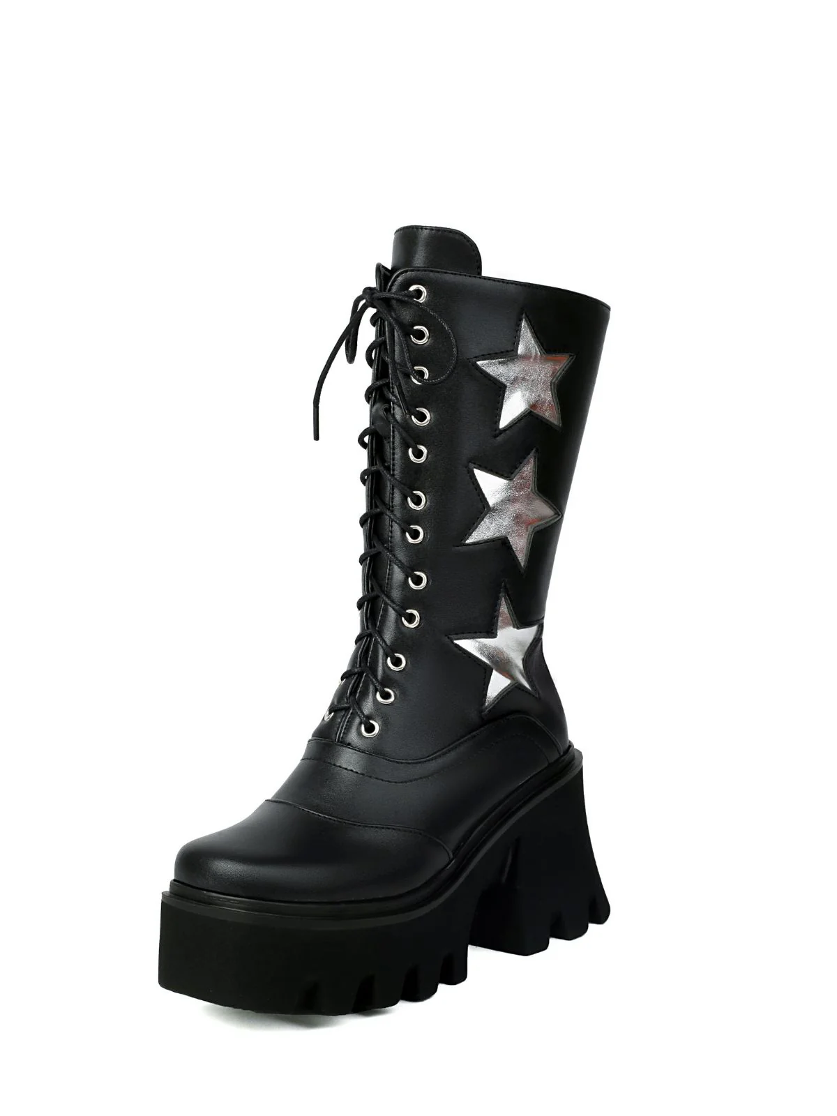 Vintage Steampunk Star Print Platform Mid-Calf Boots - Image 4
