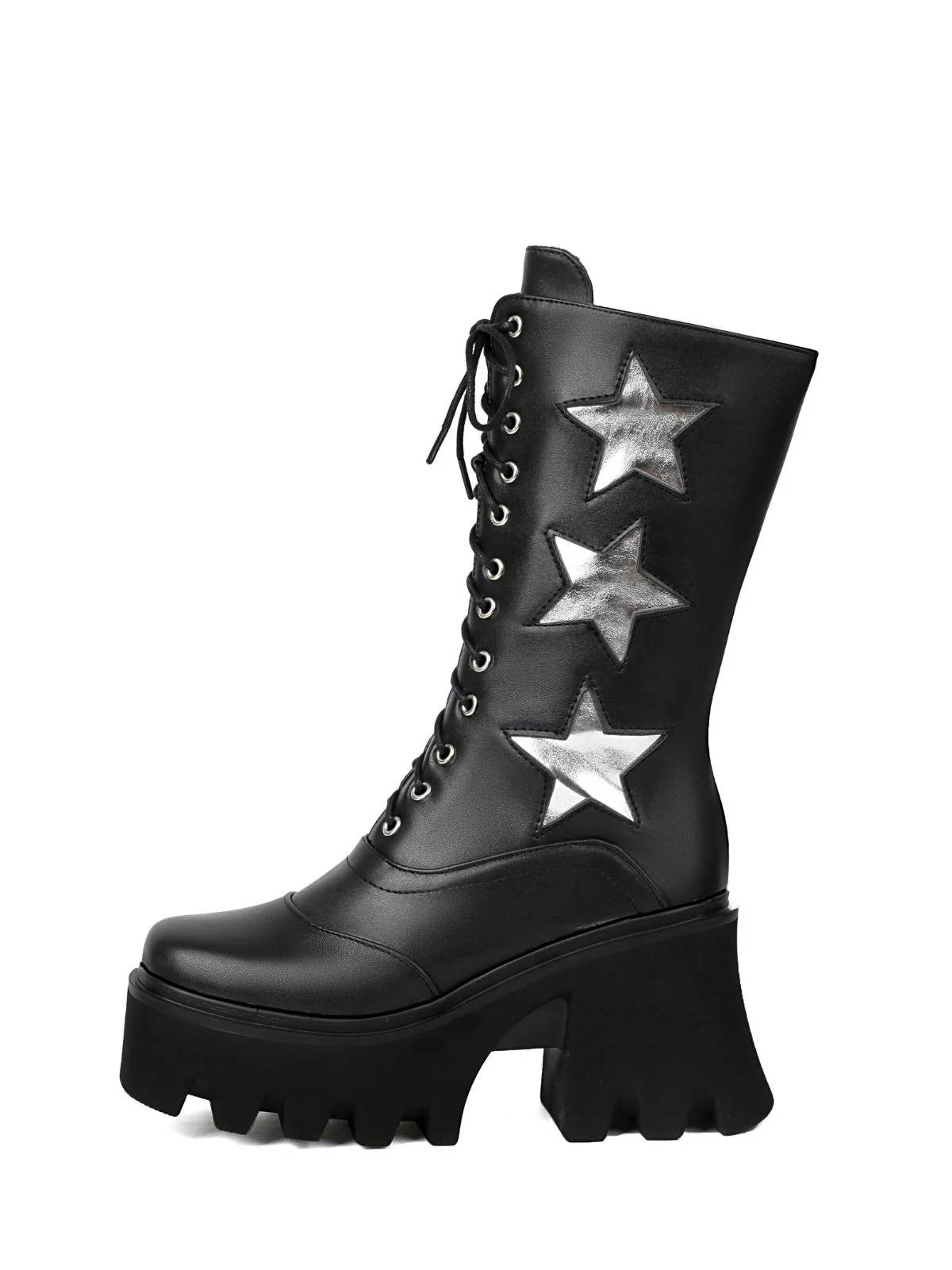 Vintage Steampunk Star Print Platform Mid-Calf Boots - Image 5