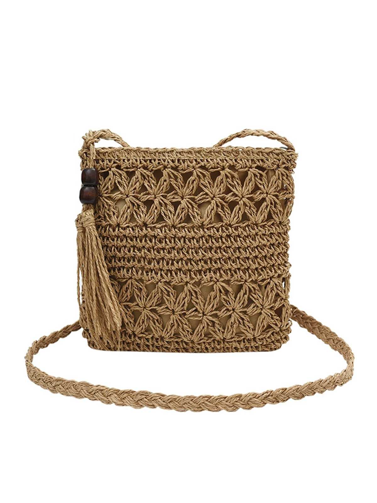 Vintage Straw Wooden Beads Crossbody Bag - Image 2
