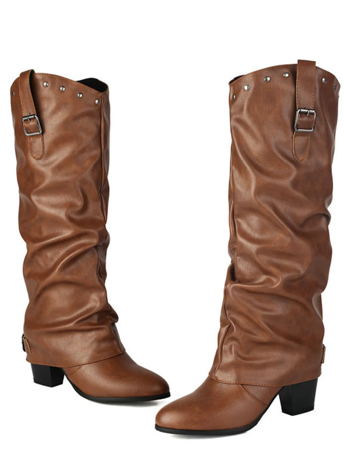 Vintage Studded Buckle Mid-Calf Boots - Image 2