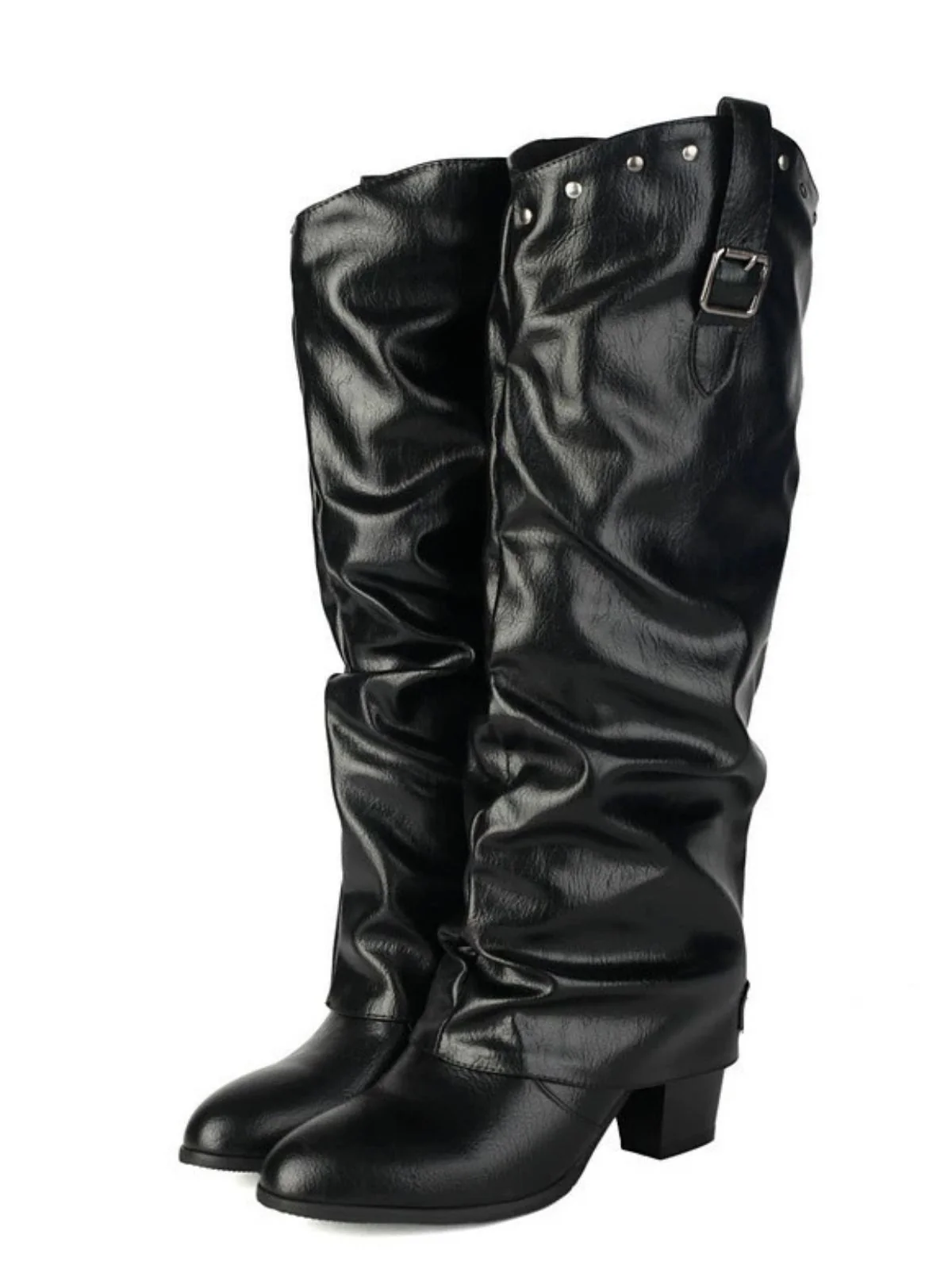 Vintage Studded Buckle Mid-Calf Boots - Image 5