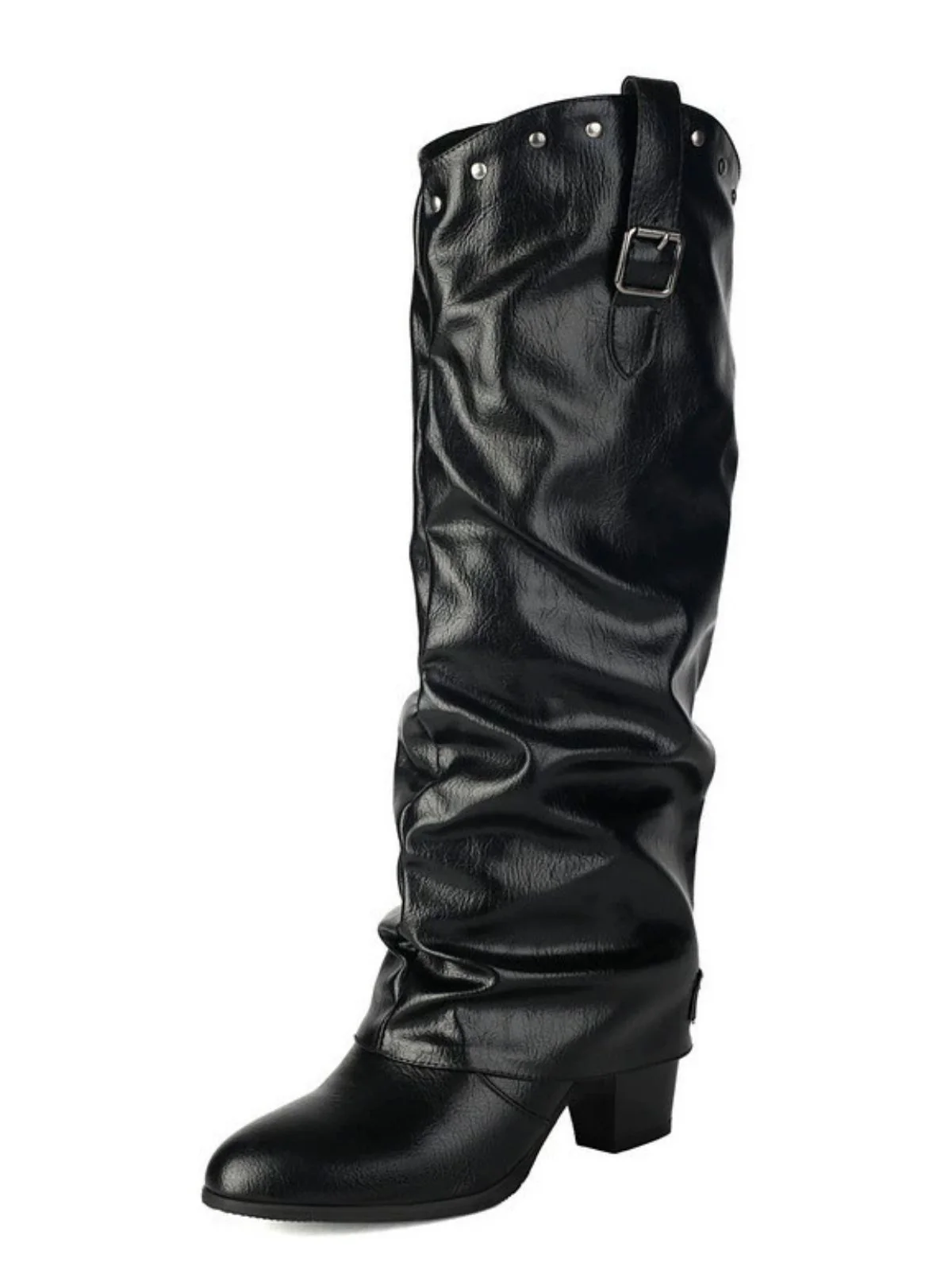 Vintage Studded Buckle Mid-Calf Boots - Image 6