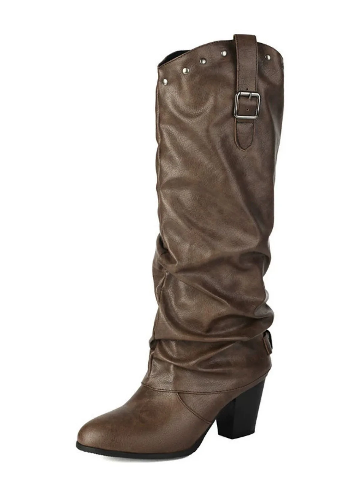 Vintage Studded Buckle Mid-Calf Boots - Image 7