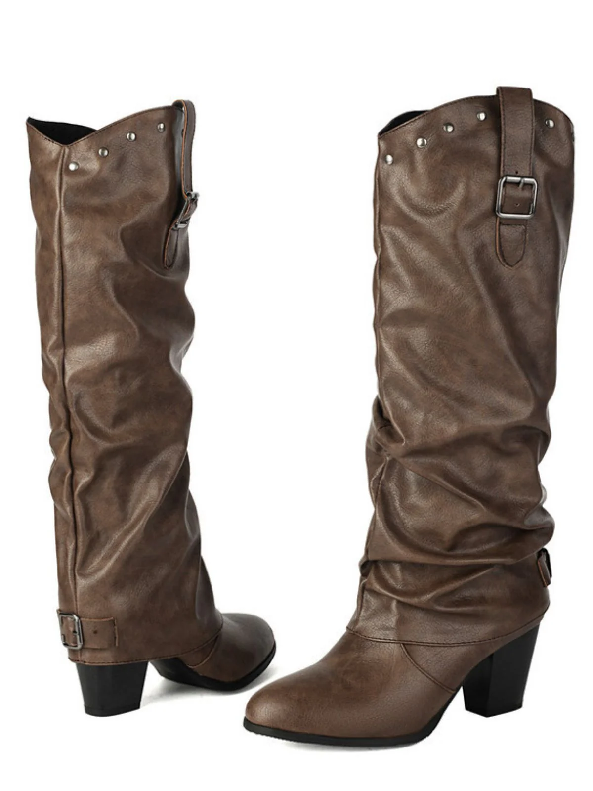 Vintage Studded Buckle Mid-Calf Boots - Image 8