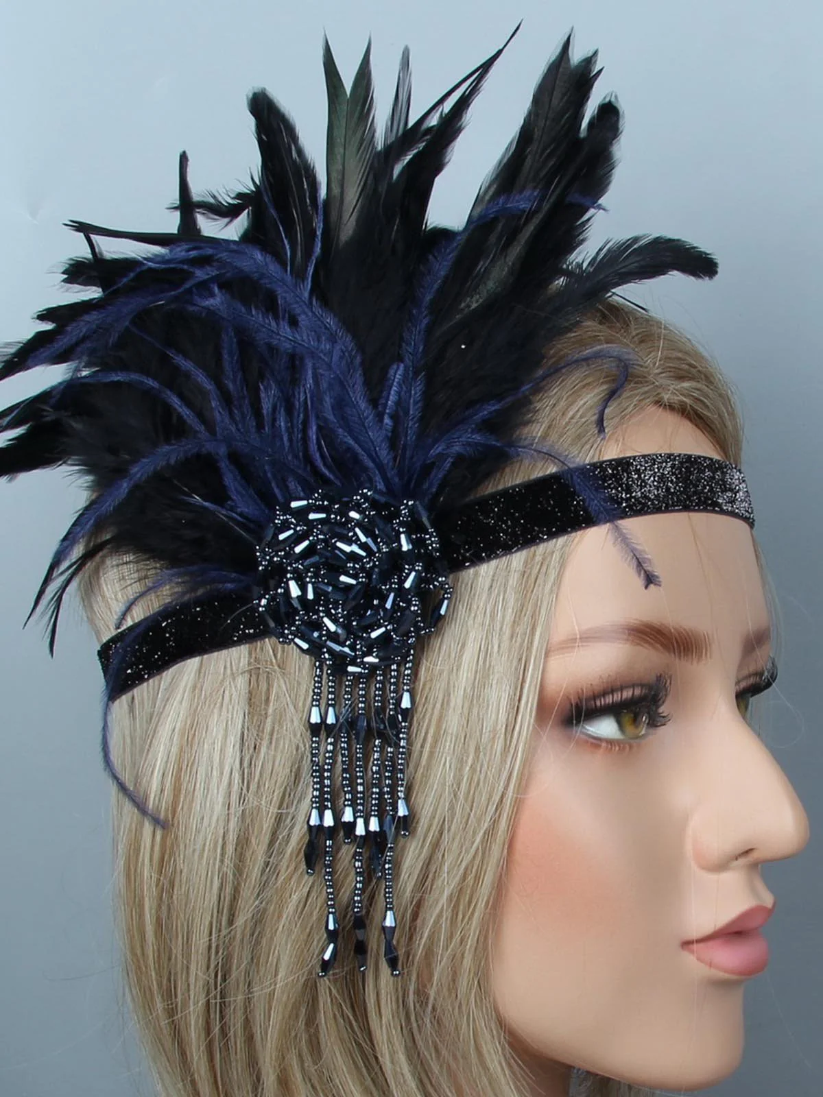 [US Warehouse] Black Blue 1920s Feather Headband - Image 3