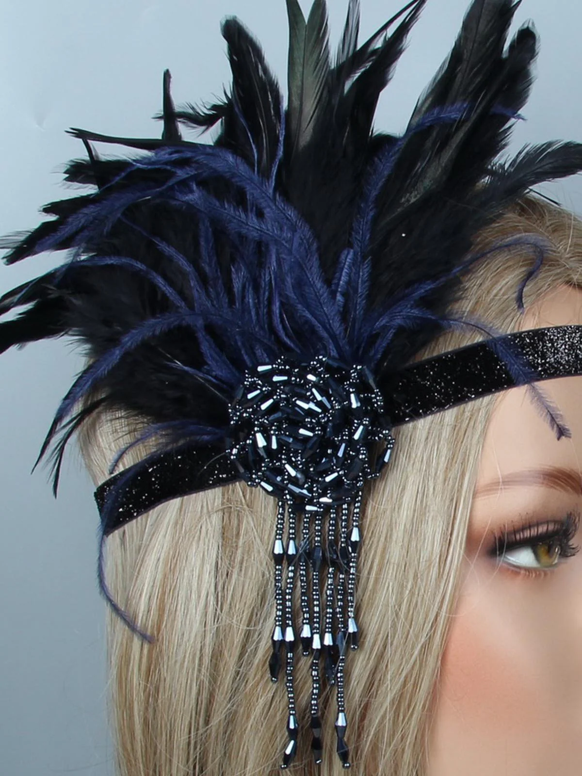 [US Warehouse] Black Blue 1920s Feather Headband - Image 4