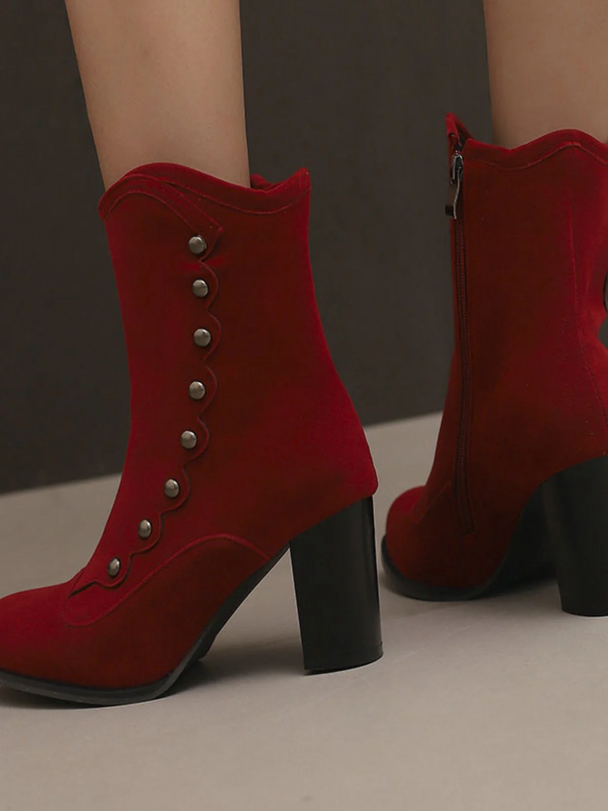 Vintage Suede Faux Fur Lining Studded Mid-Calf Boots - Image 15