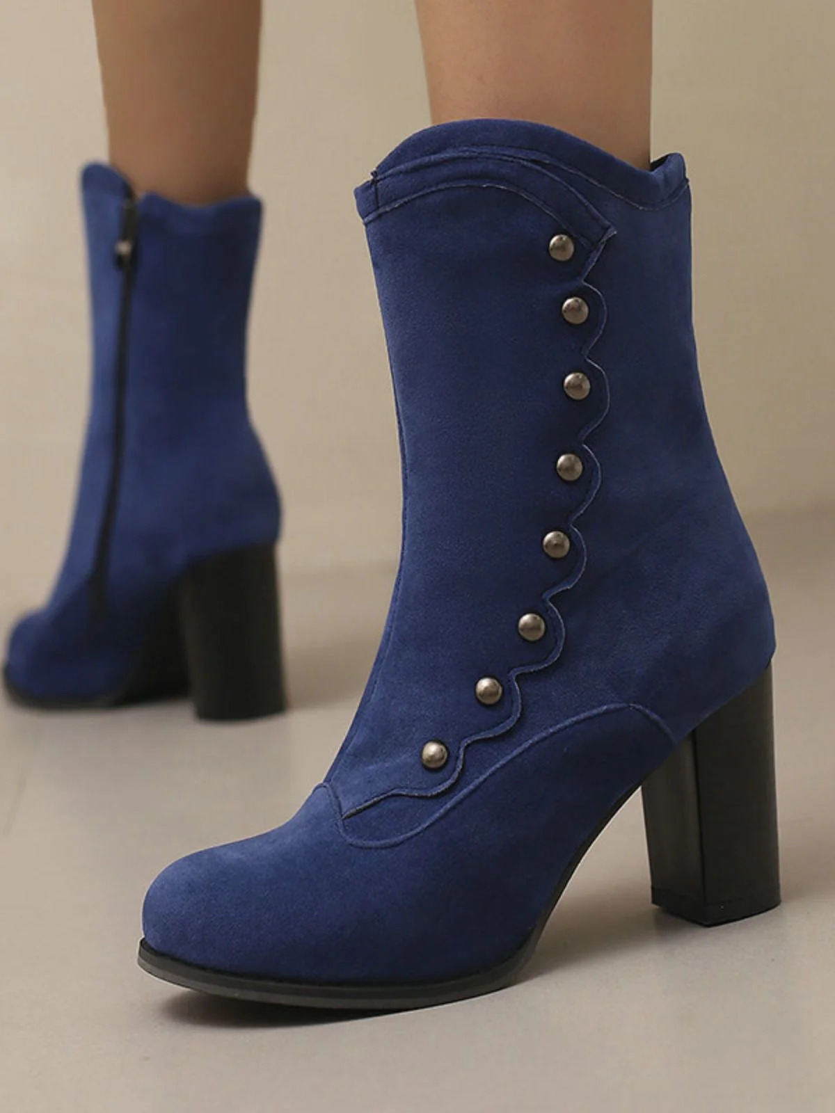 Vintage Suede Faux Fur Lining Studded Mid-Calf Boots - Image 19