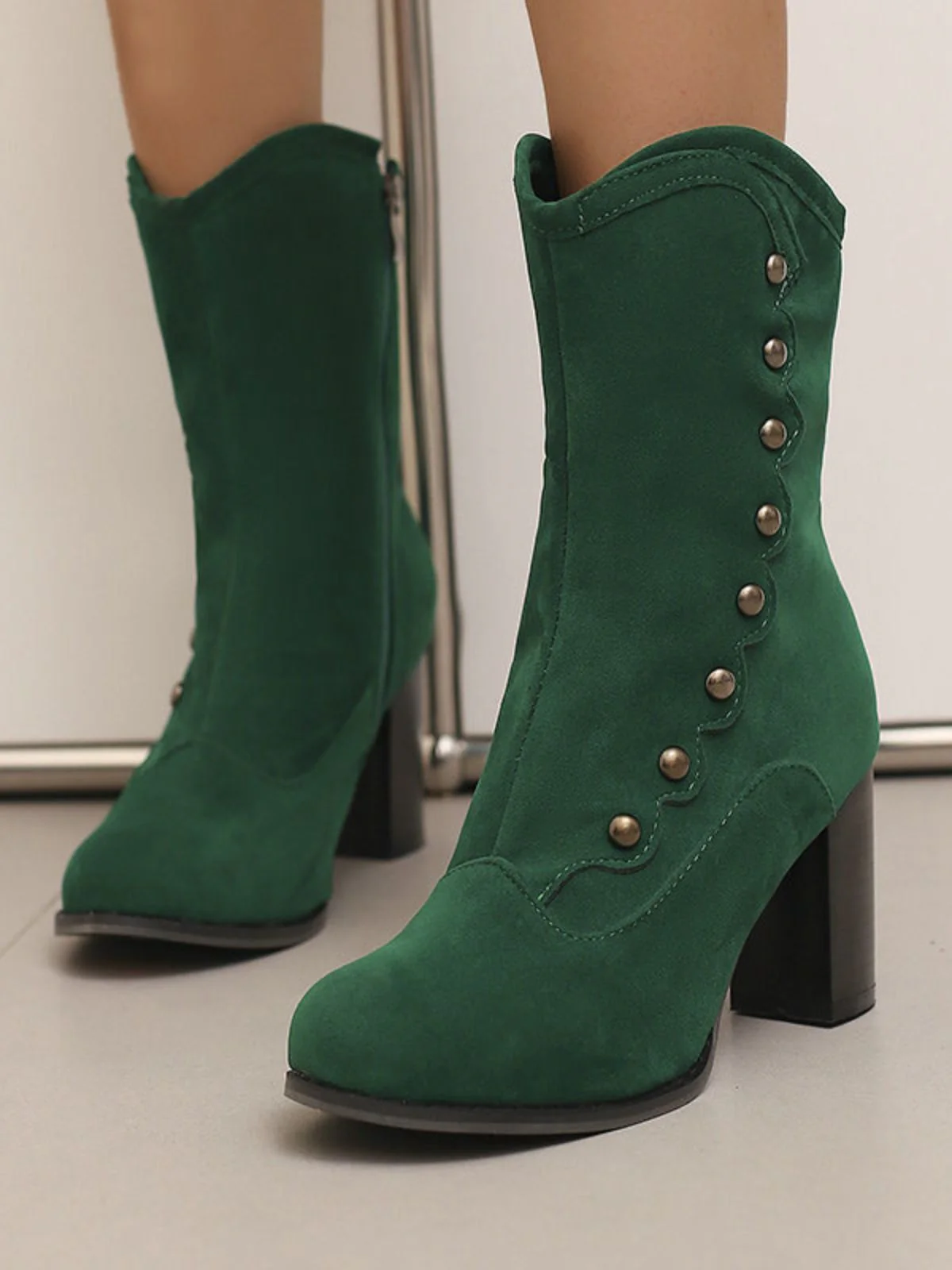 Vintage Suede Faux Fur Lining Studded Mid-Calf Boots - Image 23