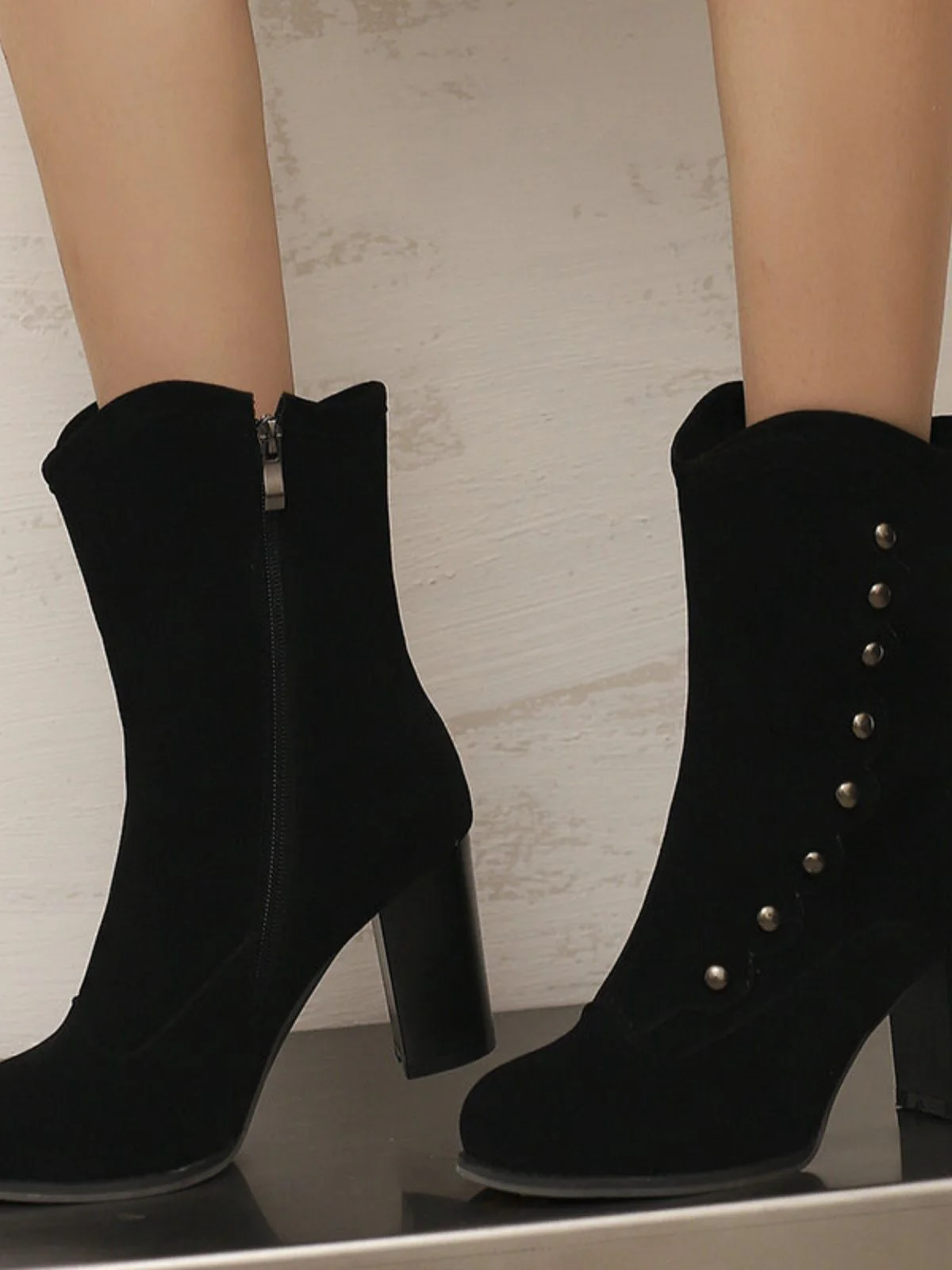 Vintage Suede Faux Fur Lining Studded Mid-Calf Boots - Image 3