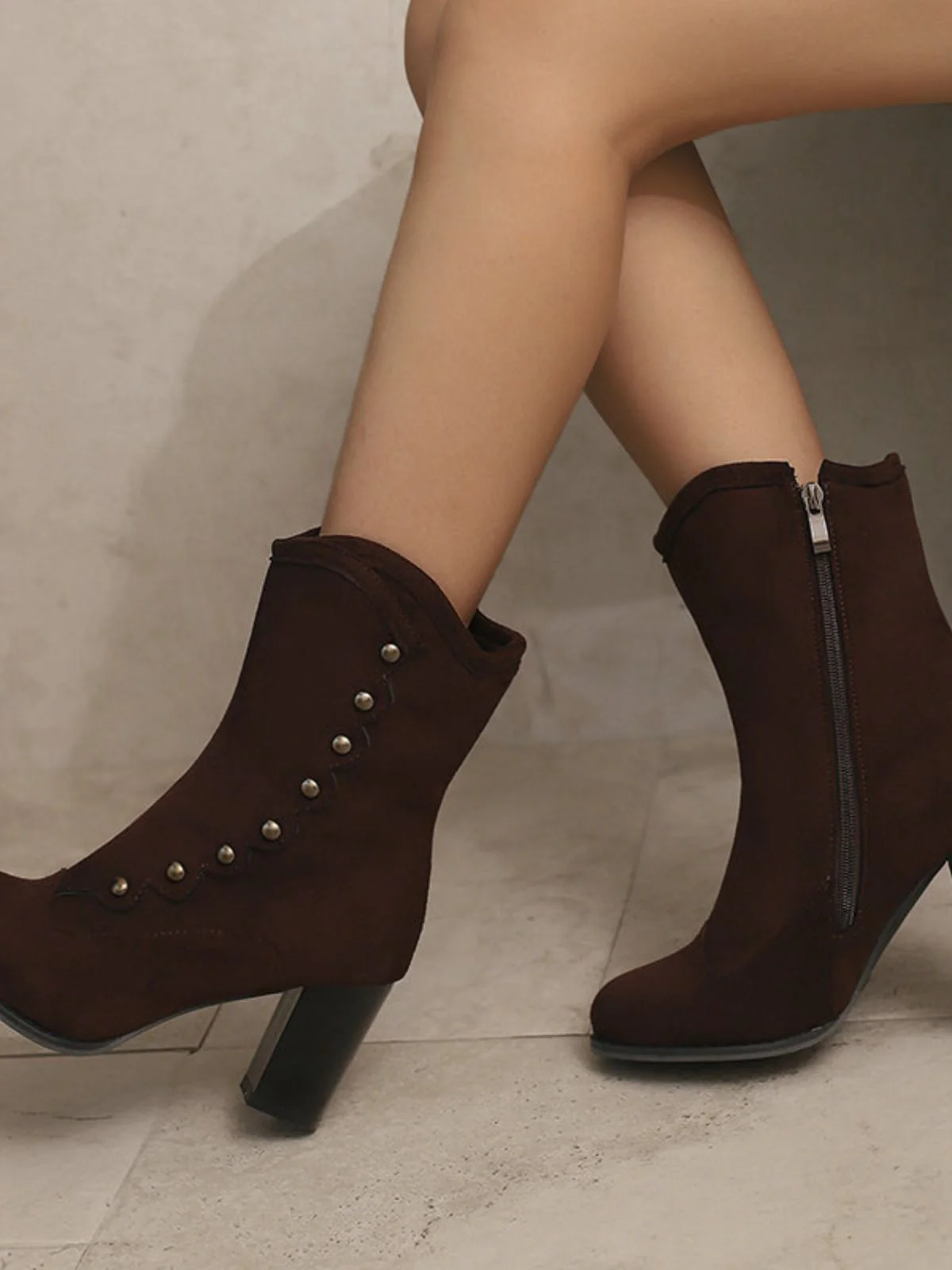 Vintage Suede Faux Fur Lining Studded Mid-Calf Boots - Image 6