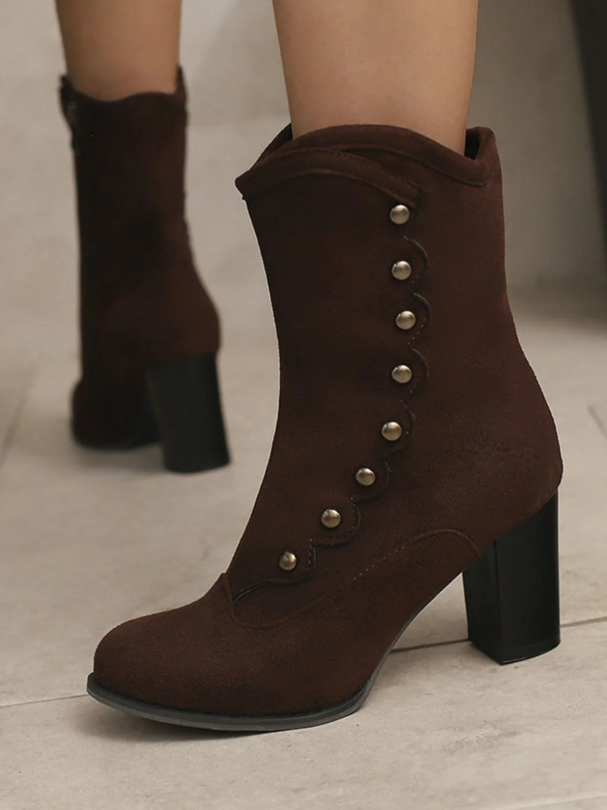 Vintage Suede Faux Fur Lining Studded Mid-Calf Boots - Image 7