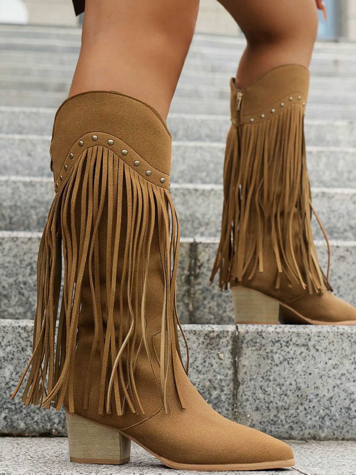 Vintage Tassel Chunky High-heeled Boots - Image 5