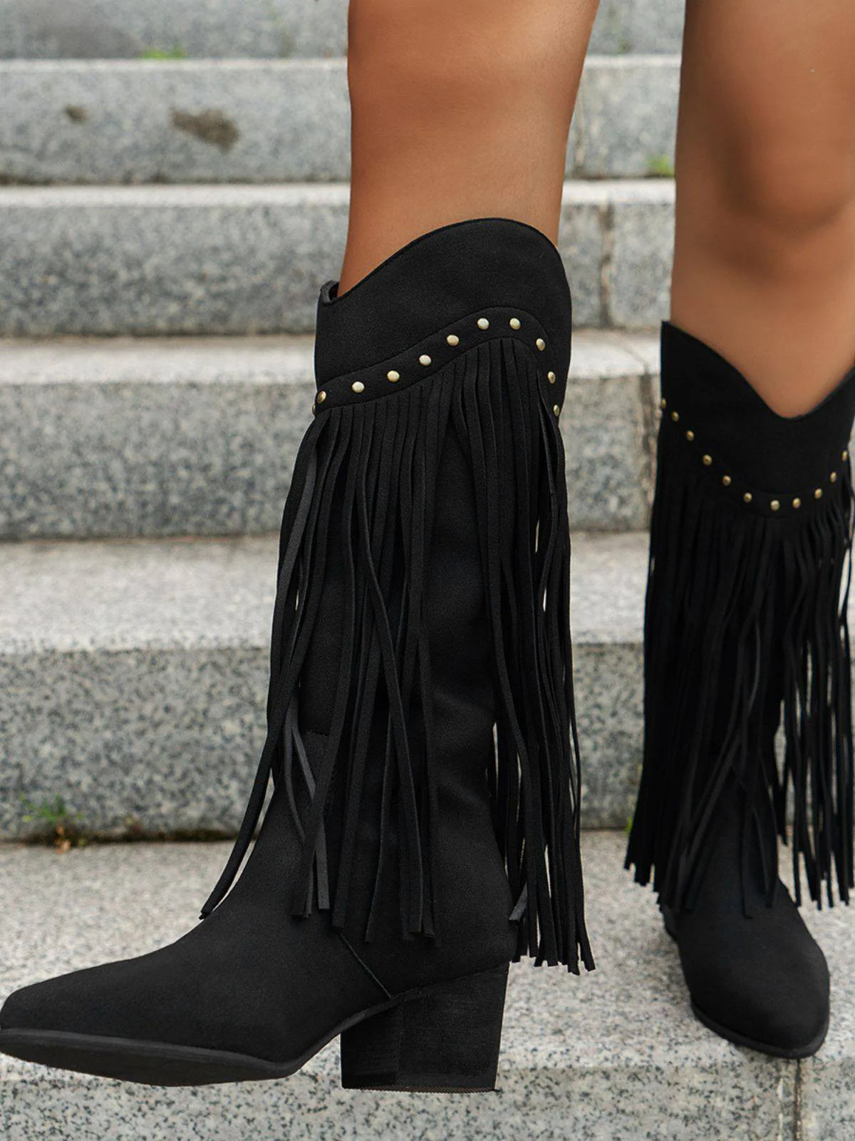 Vintage Tassel Chunky High-heeled Boots - Image 7