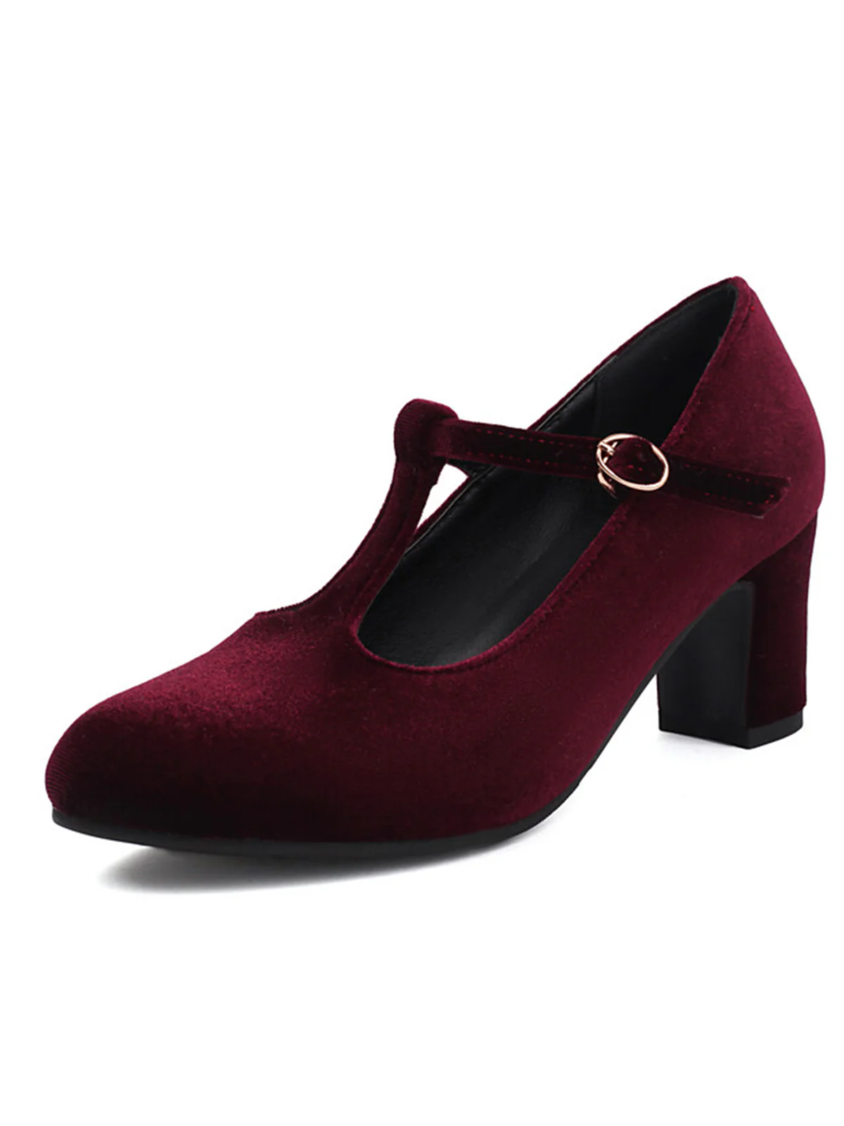 Vintage Velvet T-Strap Chunky Heel Shoes - Image 3