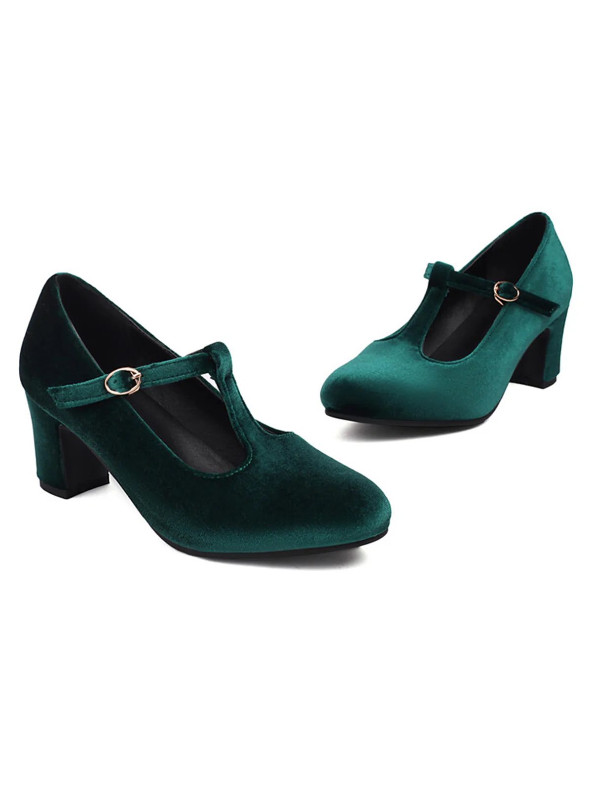 Vintage Velvet T-Strap Chunky Heel Shoes - Image 6