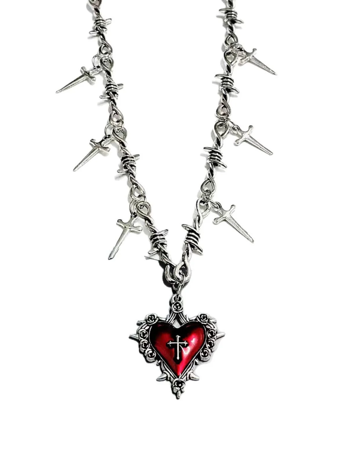 Vintage Wine Red Heart Cross Necklace - Image 2