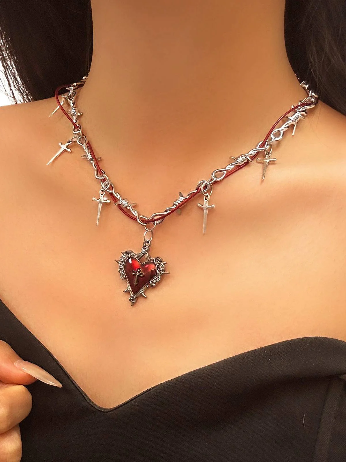 Vintage Wine Red Heart Cross Necklace - Image 3