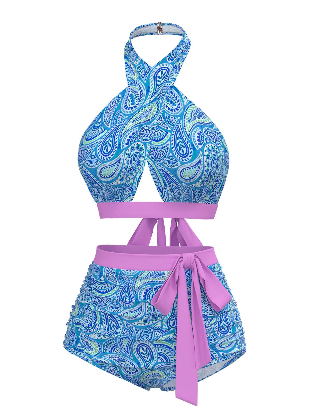 [Pre-Sale] Violet 1970s Paisley Print Cross-Halter Swimsuit - Image 2
