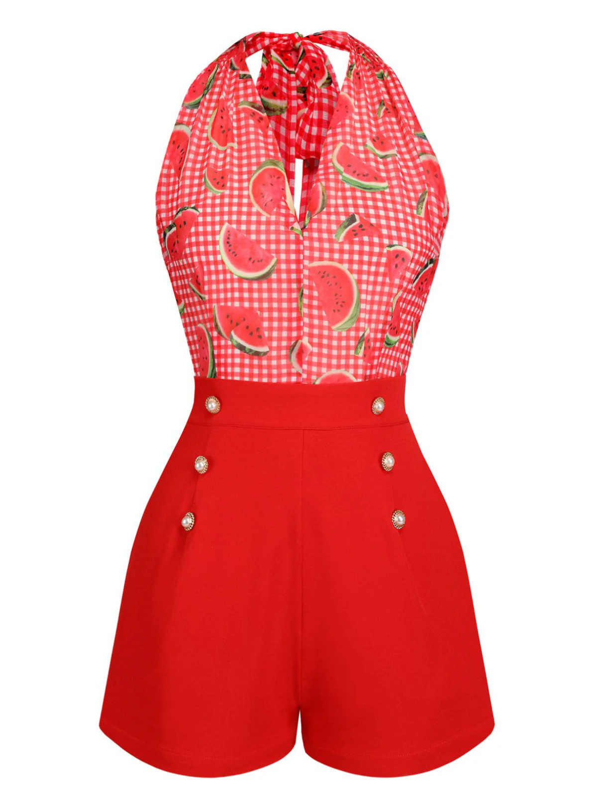 Watermelon Red 1950s Halter Patchwork Romper - Image 4