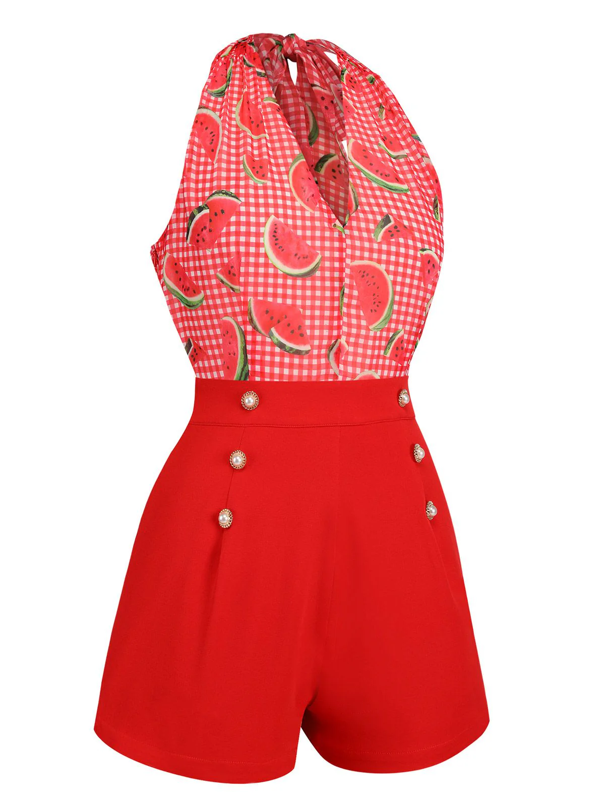 Watermelon Red 1950s Halter Patchwork Romper - Image 5