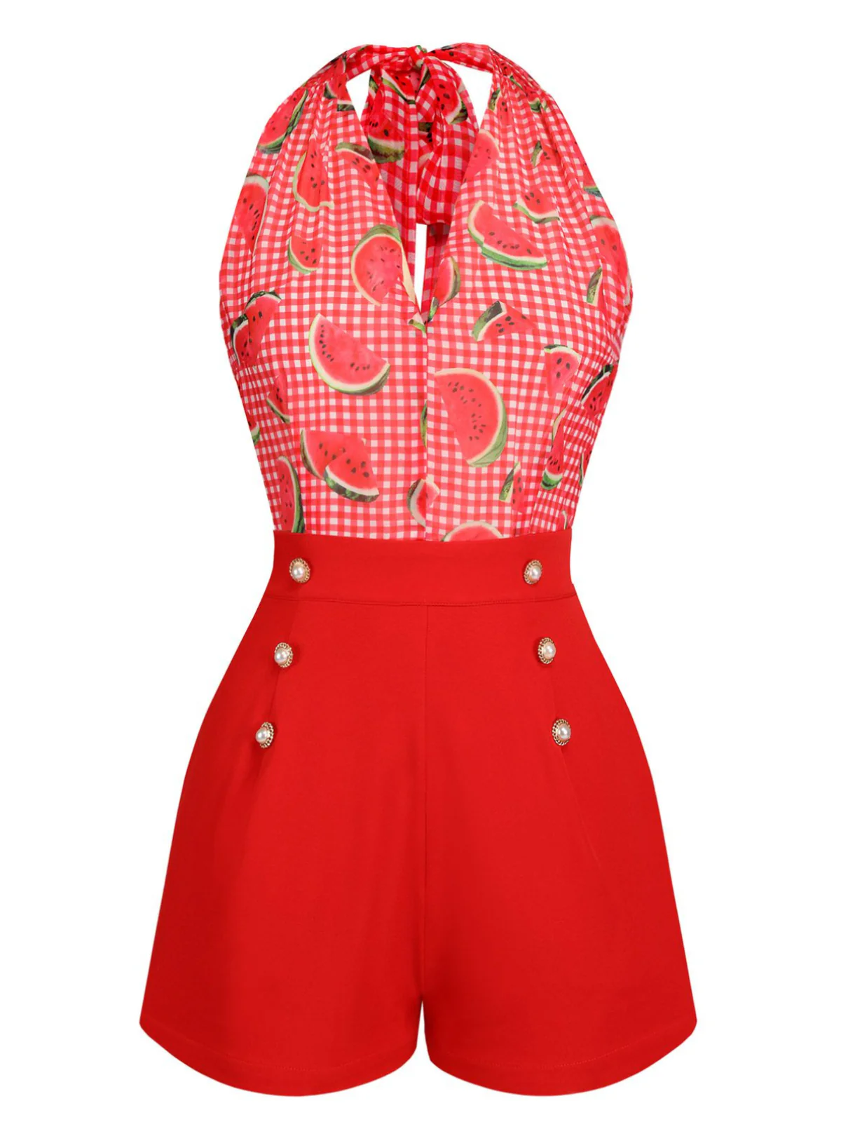 Watermelon Red 1950s Halter Patchwork Romper - Image 3
