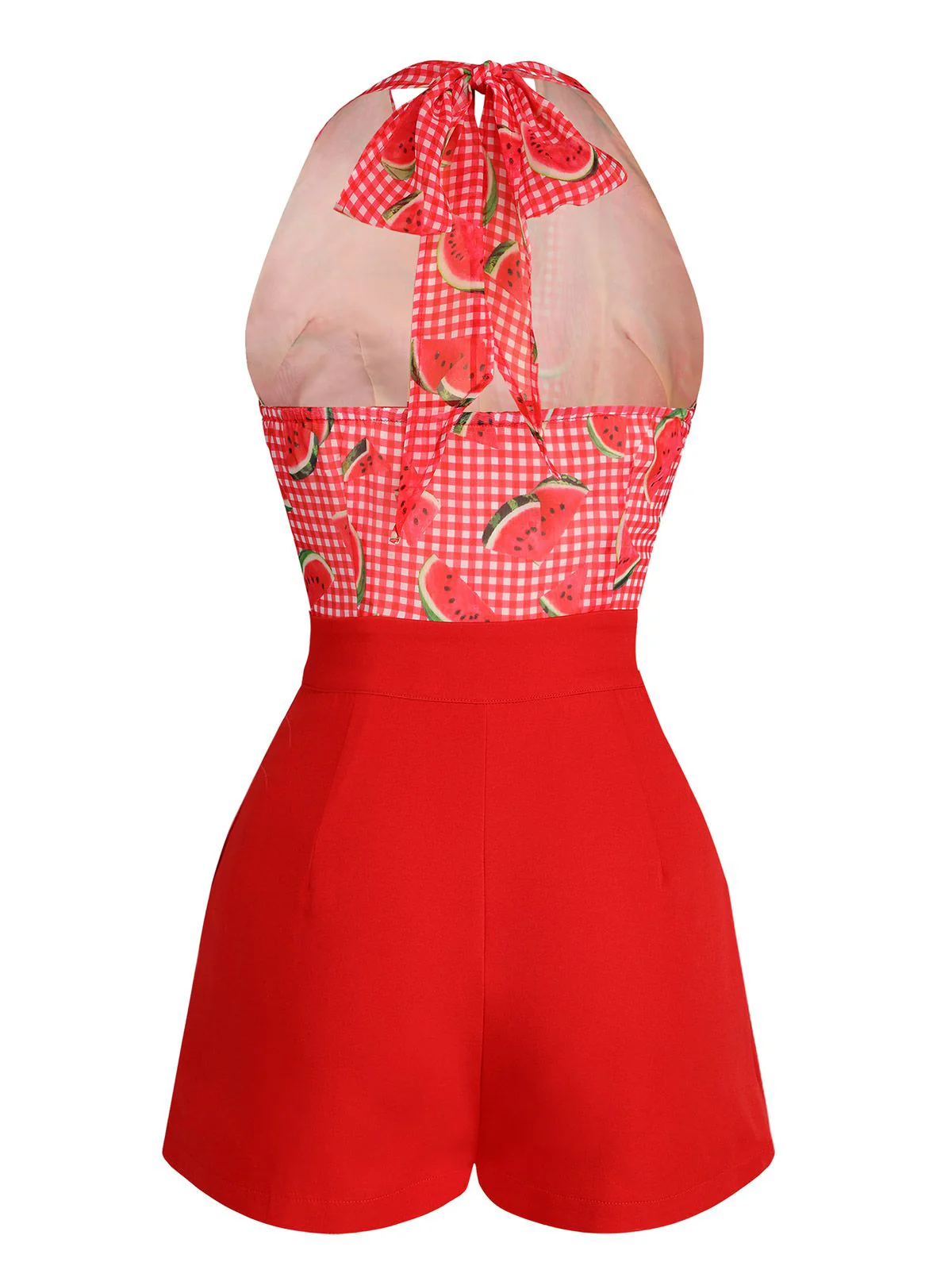Watermelon Red 1950s Halter Patchwork Romper - Image 5